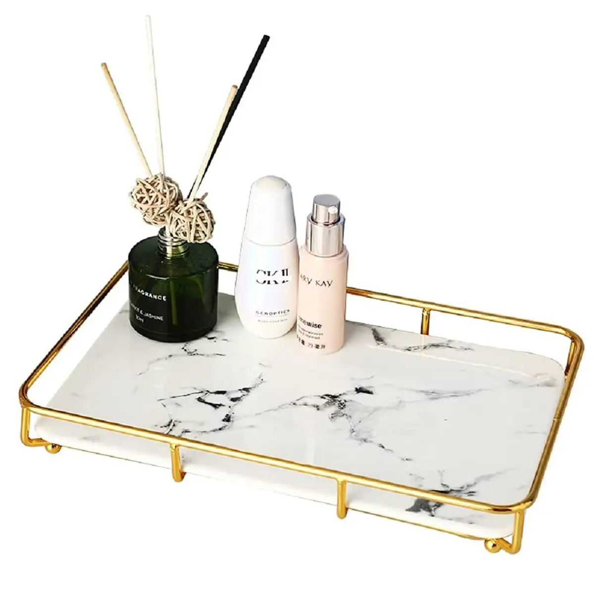 Dobbyby Vanity Tray Makeup Organizer in Stainless Steel & Marble Print | Elegant Bathroom & Dresser Storage (70-120 chars) - main product image