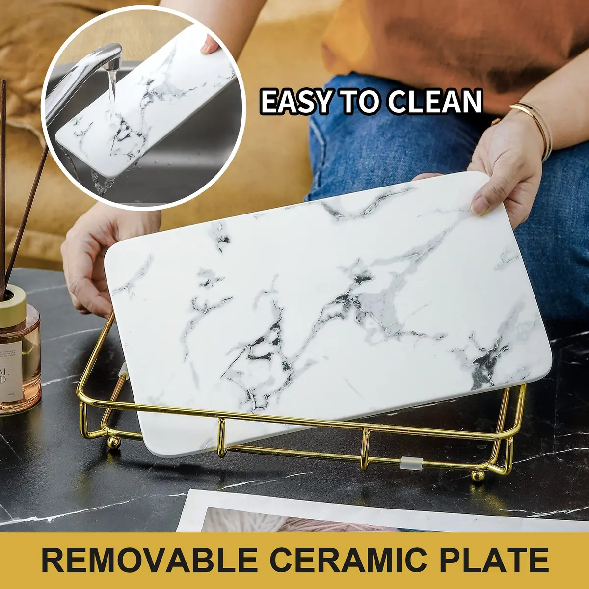 Dobbyby Vanity Tray Makeup Organizer in Stainless Steel & Marble Print | Elegant Bathroom & Dresser Storage (70-120 chars) - view 6