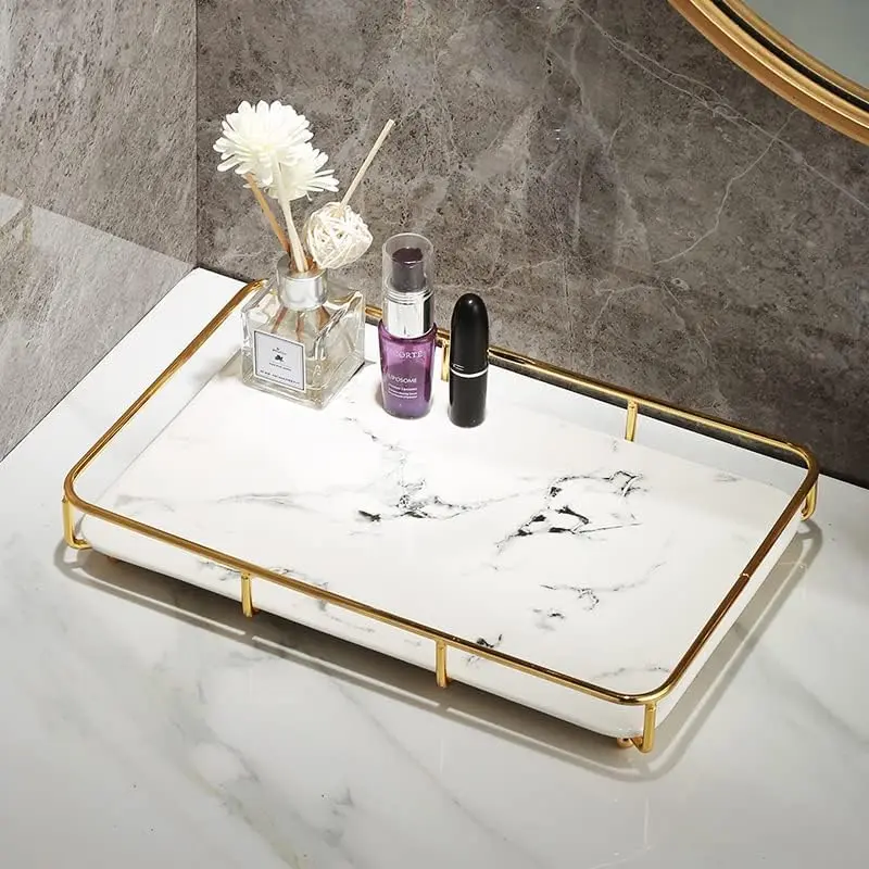 Dobbyby Vanity Tray Makeup Organizer in Stainless Steel & Marble Print | Elegant Bathroom & Dresser Storage (70-120 chars) - view 9
