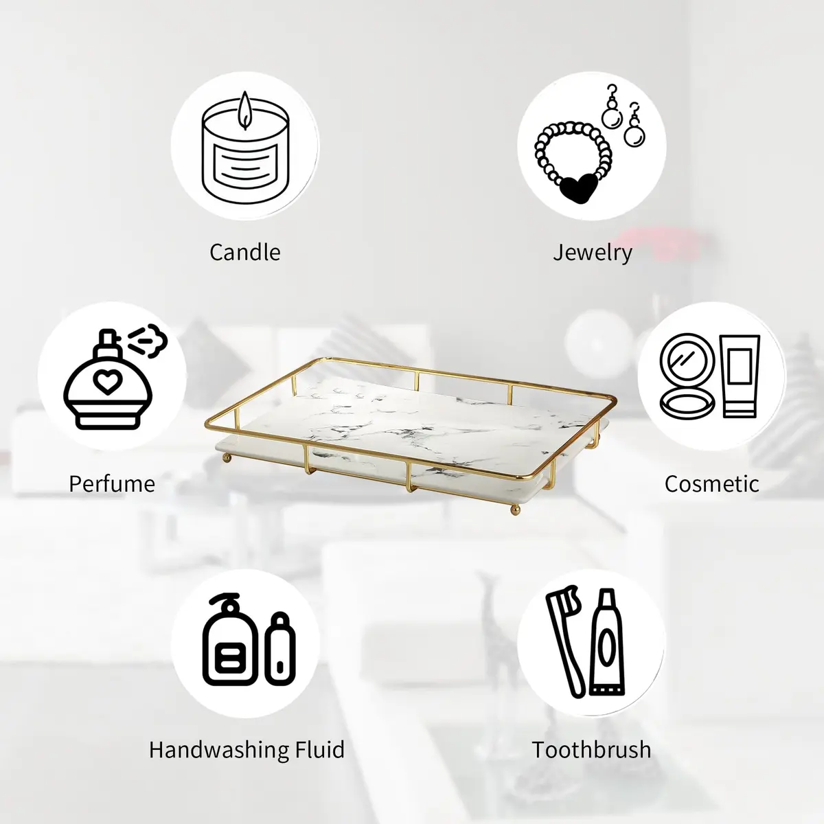 Dobbyby Vanity Tray Makeup Organizer in Stainless Steel & Marble Print | Elegant Bathroom & Dresser Storage (70-120 chars) - view 2