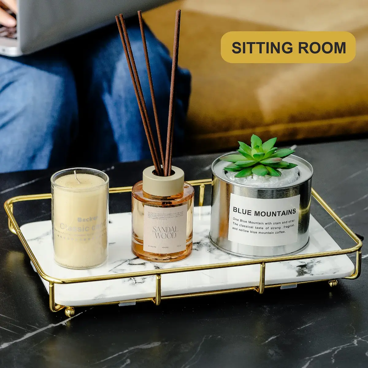 Dobbyby Vanity Tray Makeup Organizer in Stainless Steel & Marble Print | Elegant Bathroom & Dresser Storage (70-120 chars) - view 3