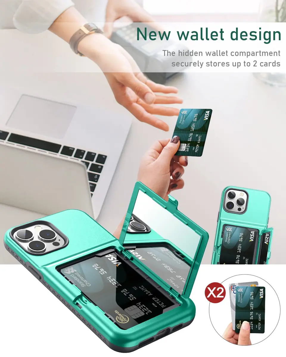 WeLoveCase for iPhone 13 Pro Max Case 6.7 Inch Mint Green | Heavy Duty Wallet & Mirror - view 5