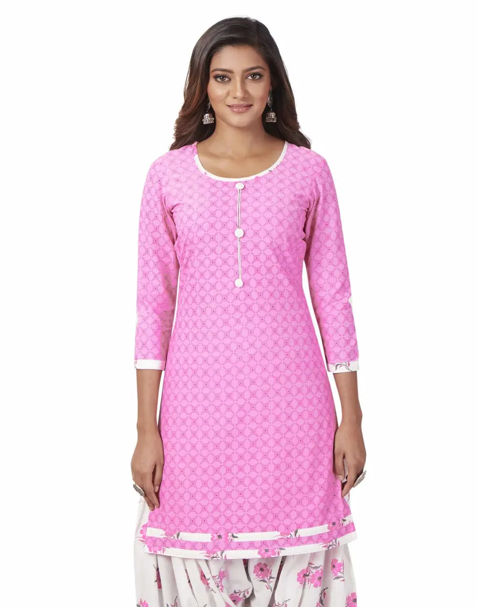 Miraan Women's Cotton Printed Readymade Salwar Suit Set Large Pink | Knee Length 3/4 Sleeve - view 5