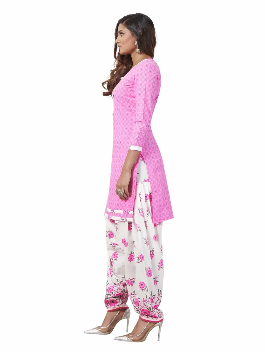 Miraan Women's Cotton Printed Readymade Salwar Suit Set Large Pink | Knee Length 3/4 Sleeve - view 3