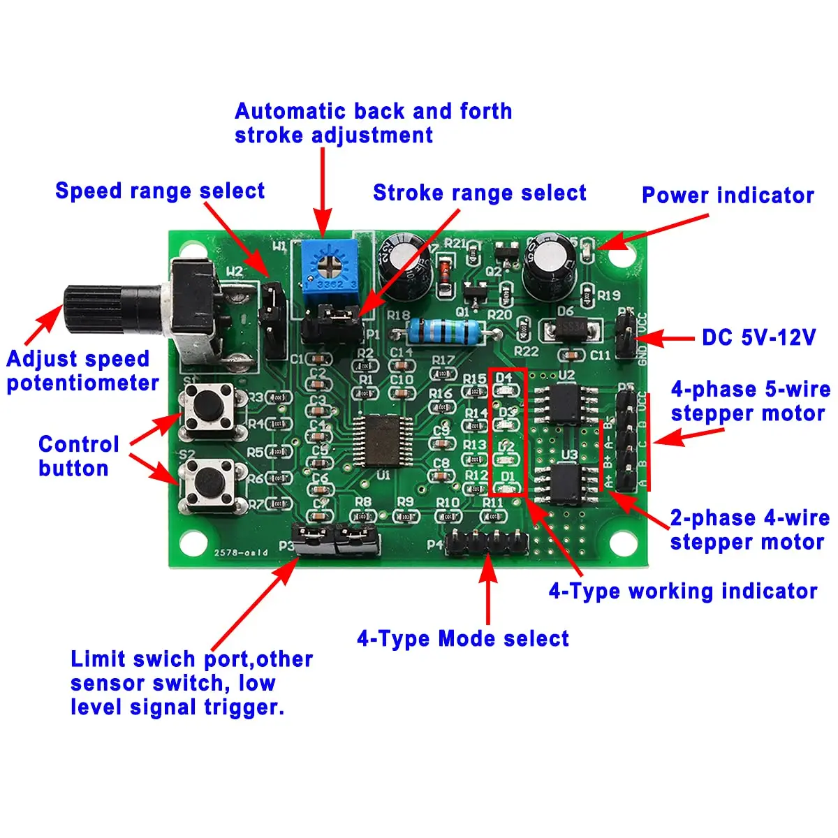 QINIZX 4V-6V 5V 2-Phase 4-Wire Stepper Motor Driver Controller Board | Multi-function, 800mA rated current, 2.36x1.73 inch - view 2