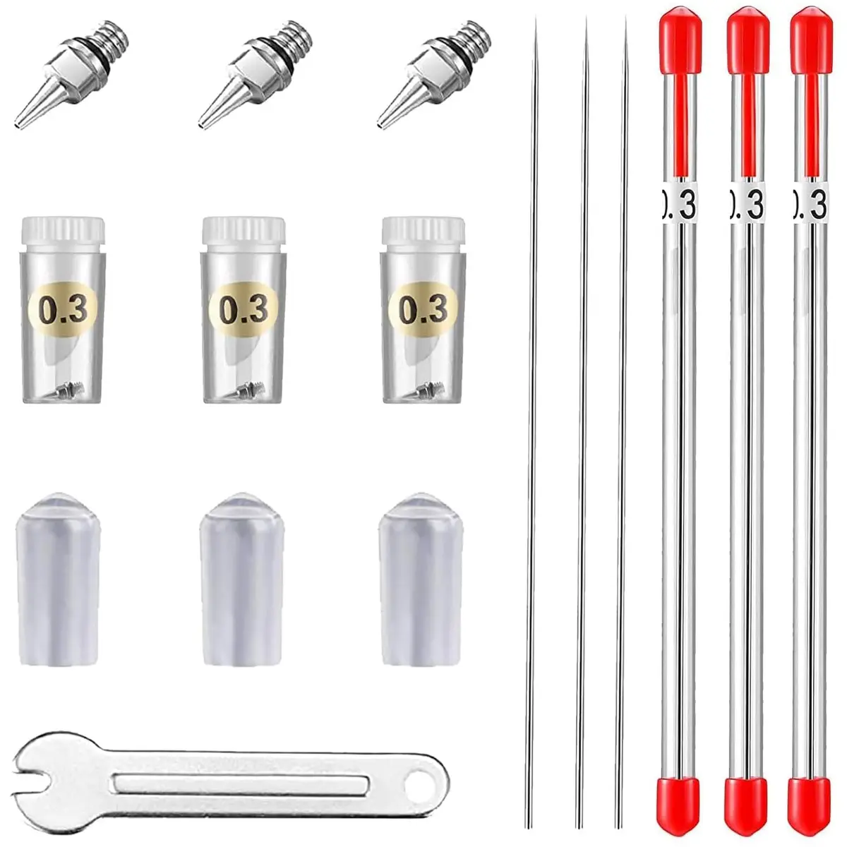 HUBEST 0.3mm Airbrush Needle Nozzle Kit, 3 Sets with Protectors & Wrench | Precision Stainless Steel & Copper Parts - main product image