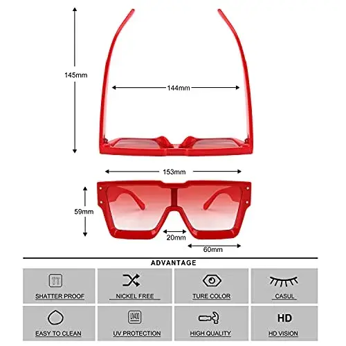 KENBO Oversized Red Frame Gradient Red Lens Square Rimless Shield Sunglasses for Women Men - view 4
