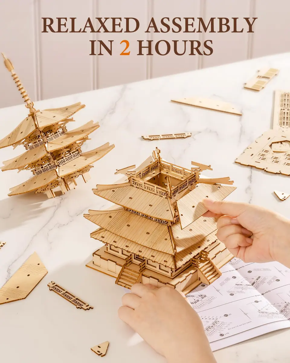 Rolife Wooden Model Kit for Adults 3D Puzzle Five-Storied Pagoda | Retro Wooden Assembly - view 3
