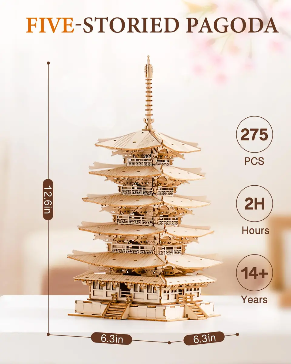 Rolife Wooden Model Kit for Adults 3D Puzzle Five-Storied Pagoda | Retro Wooden Assembly - view 4