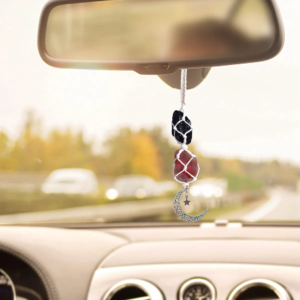 BOHO GARDEN Hanging Car Charm for Rear View Mirror - Tourmaline & Carnelian | Positive Energy Crystal Decor (70-120 chars) - view 2