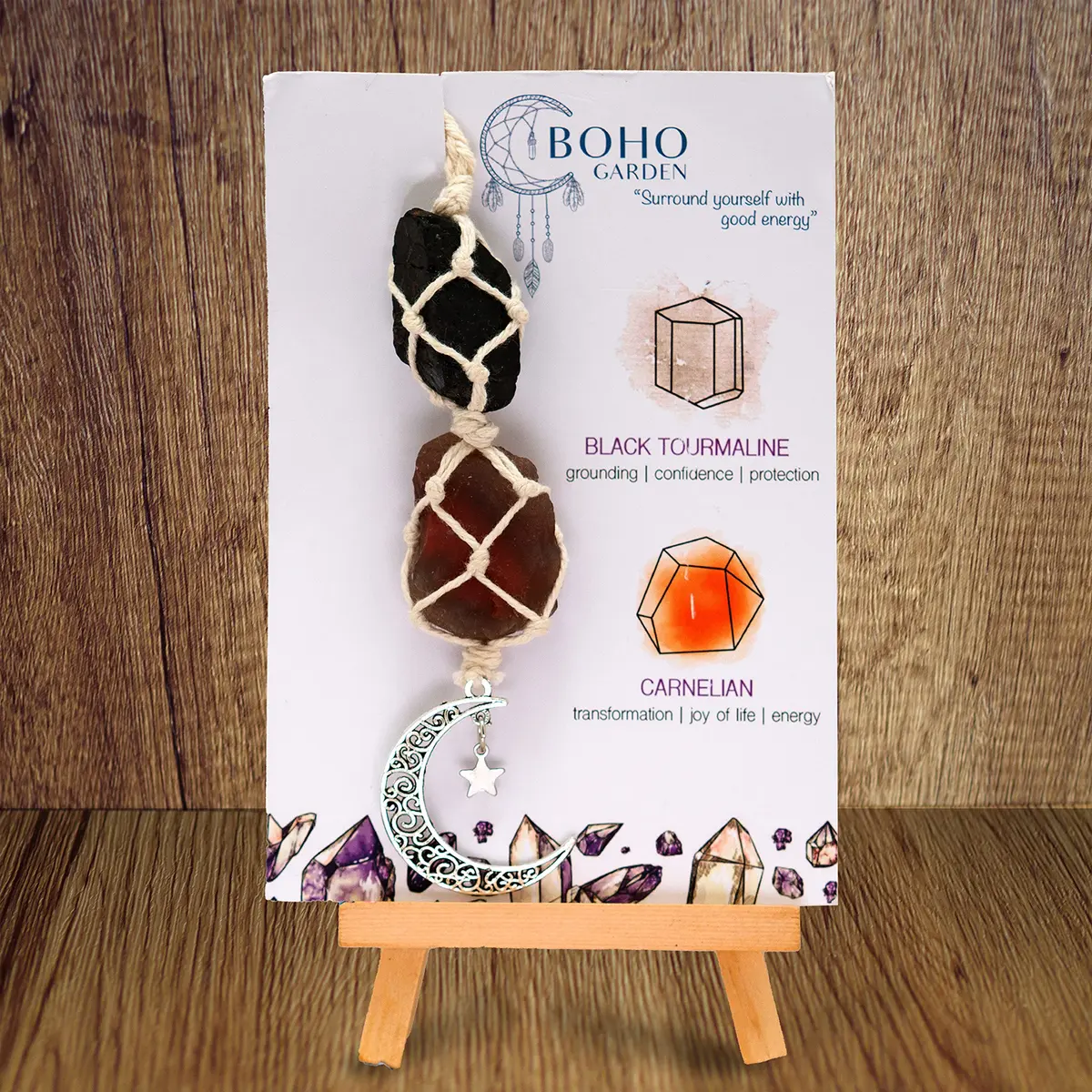 BOHO GARDEN Hanging Car Charm for Rear View Mirror - Tourmaline & Carnelian | Positive Energy Crystal Decor (70-120 chars) - view 3