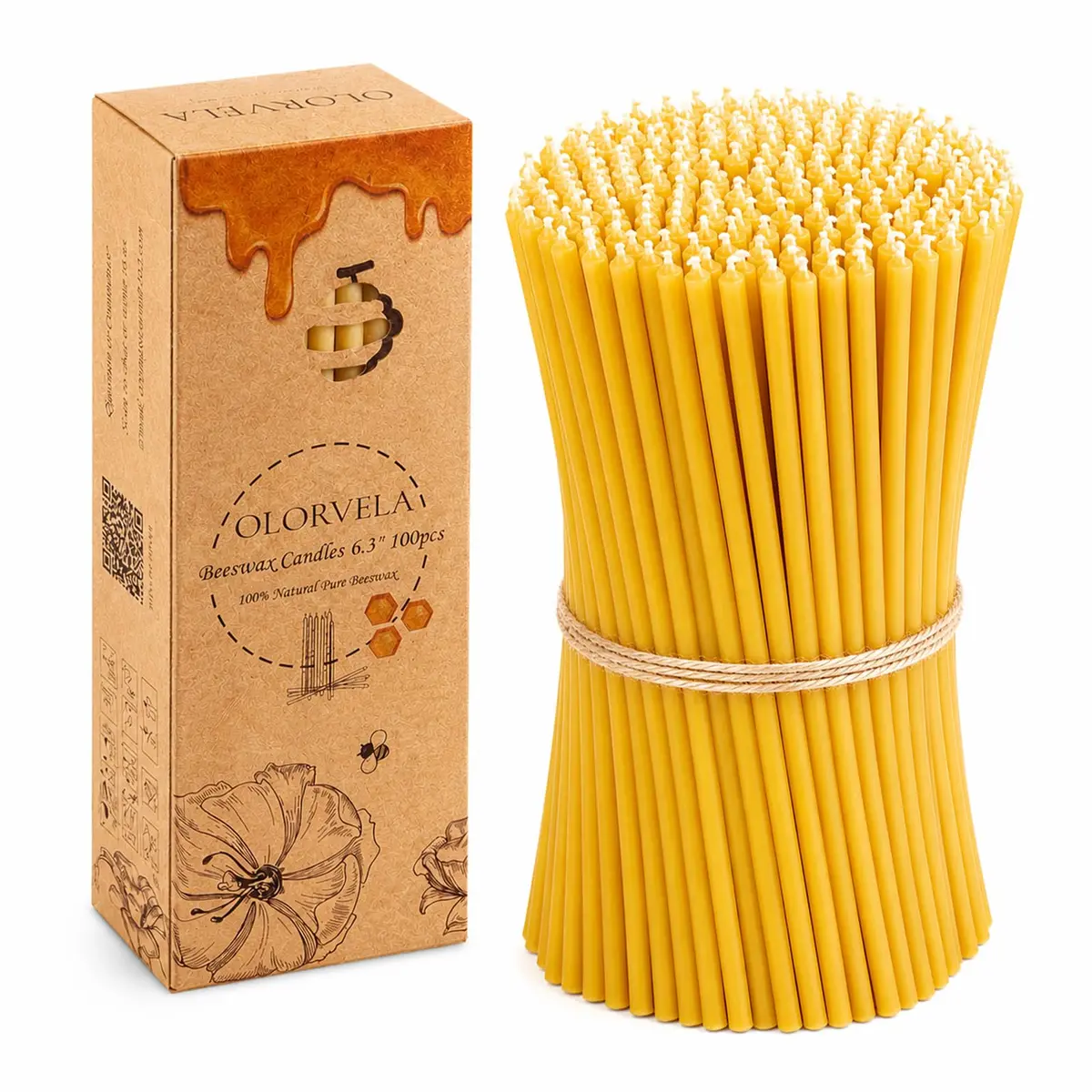 olorvela Natural Beeswax Taper Candles 6.3 Inch | 30 Min Burn, 100 Pack - main product image