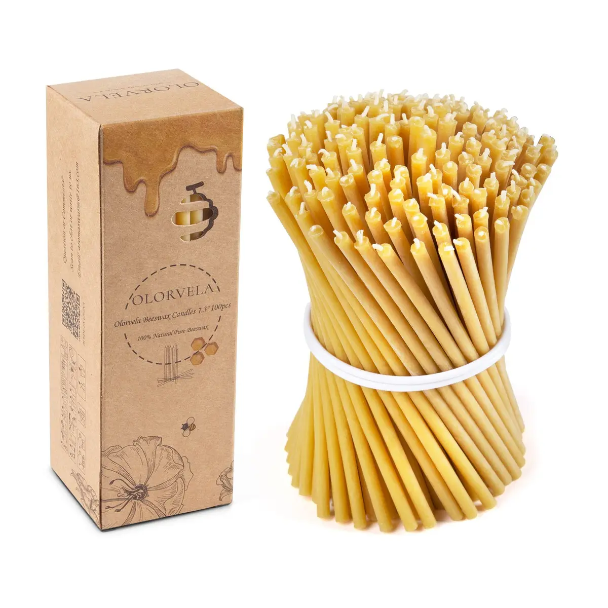 olorvela Natural Beeswax Taper Candles 7.3 Inch | Honey Scented, Dripless, Smokeless, 30 Min Burn, 100 Pack - main product image