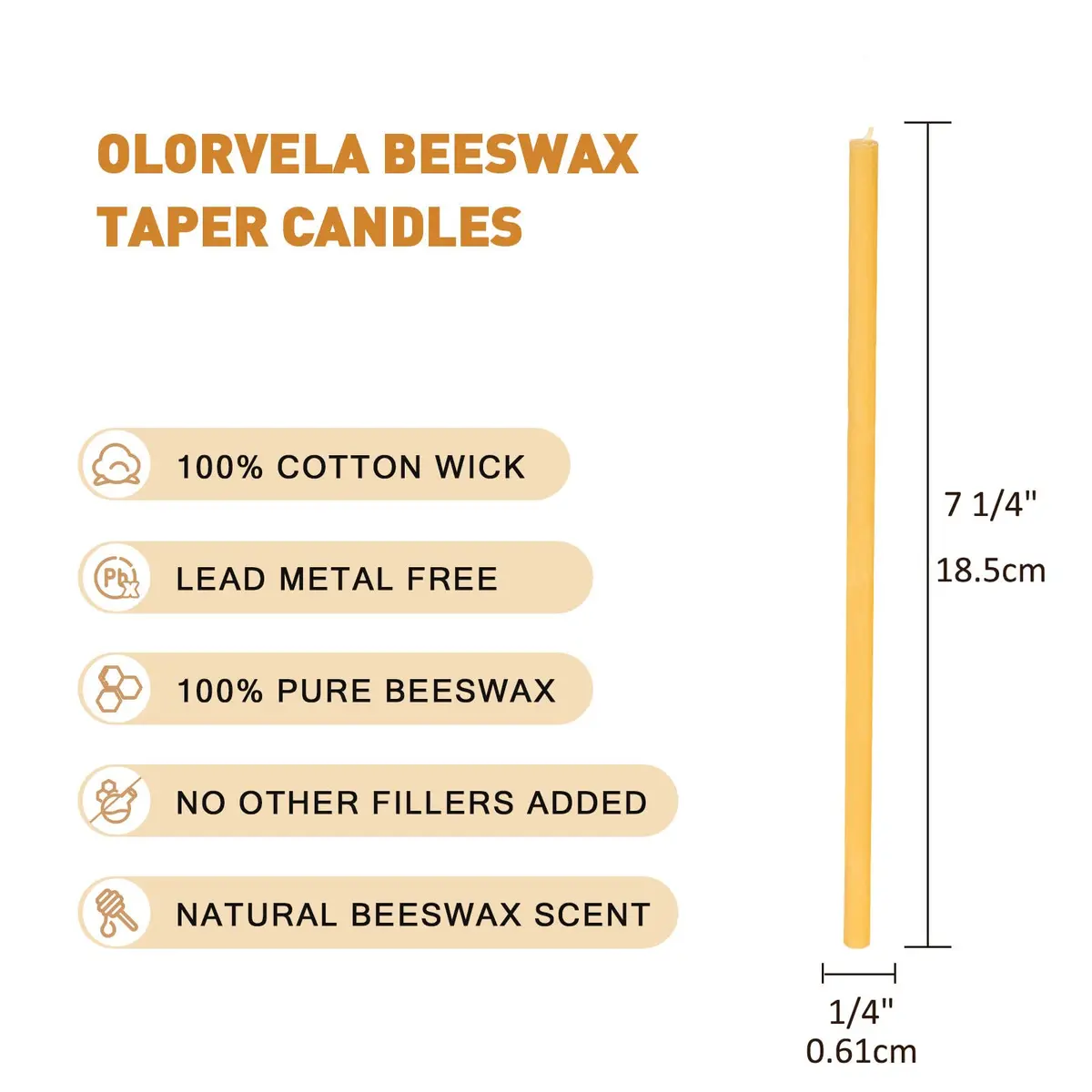 olorvela Natural Beeswax Taper Candles 7.3 Inch | Honey Scented, Dripless, Smokeless, 30 Min Burn, 100 Pack - view 2