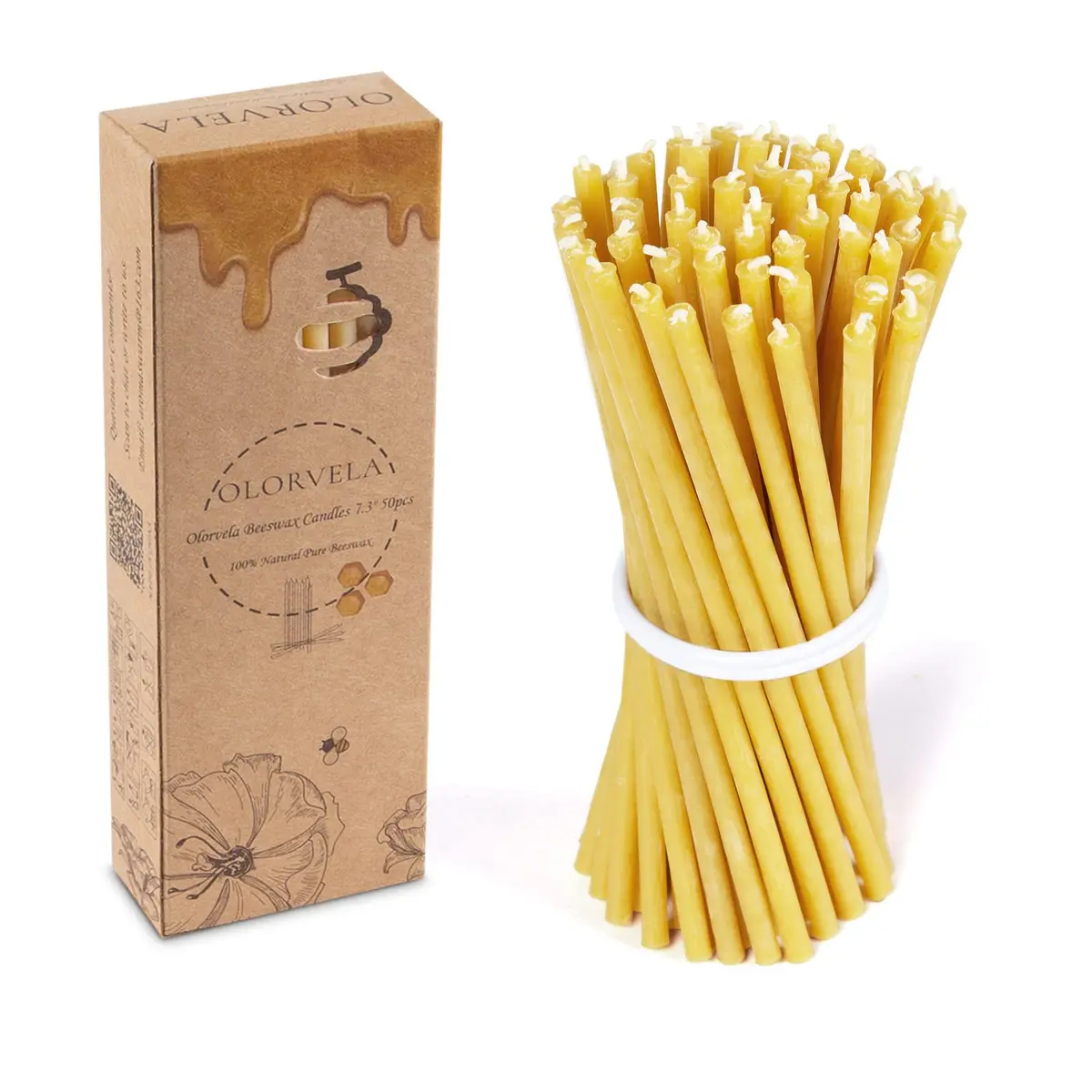 olorvela Natural Beeswax Taper Candles 50 Pack | 7.3 Inch, 30 Min Burn - main product image