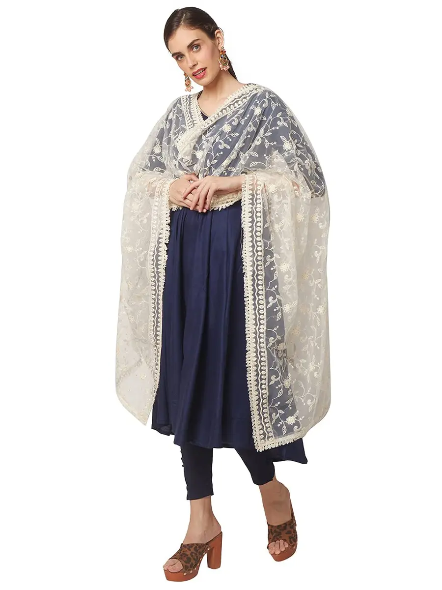 DUPATTA BAZAAR Women's Floral Embroidered Off White Net Dupatta 2.4 meters (8.2 ft) - main product image