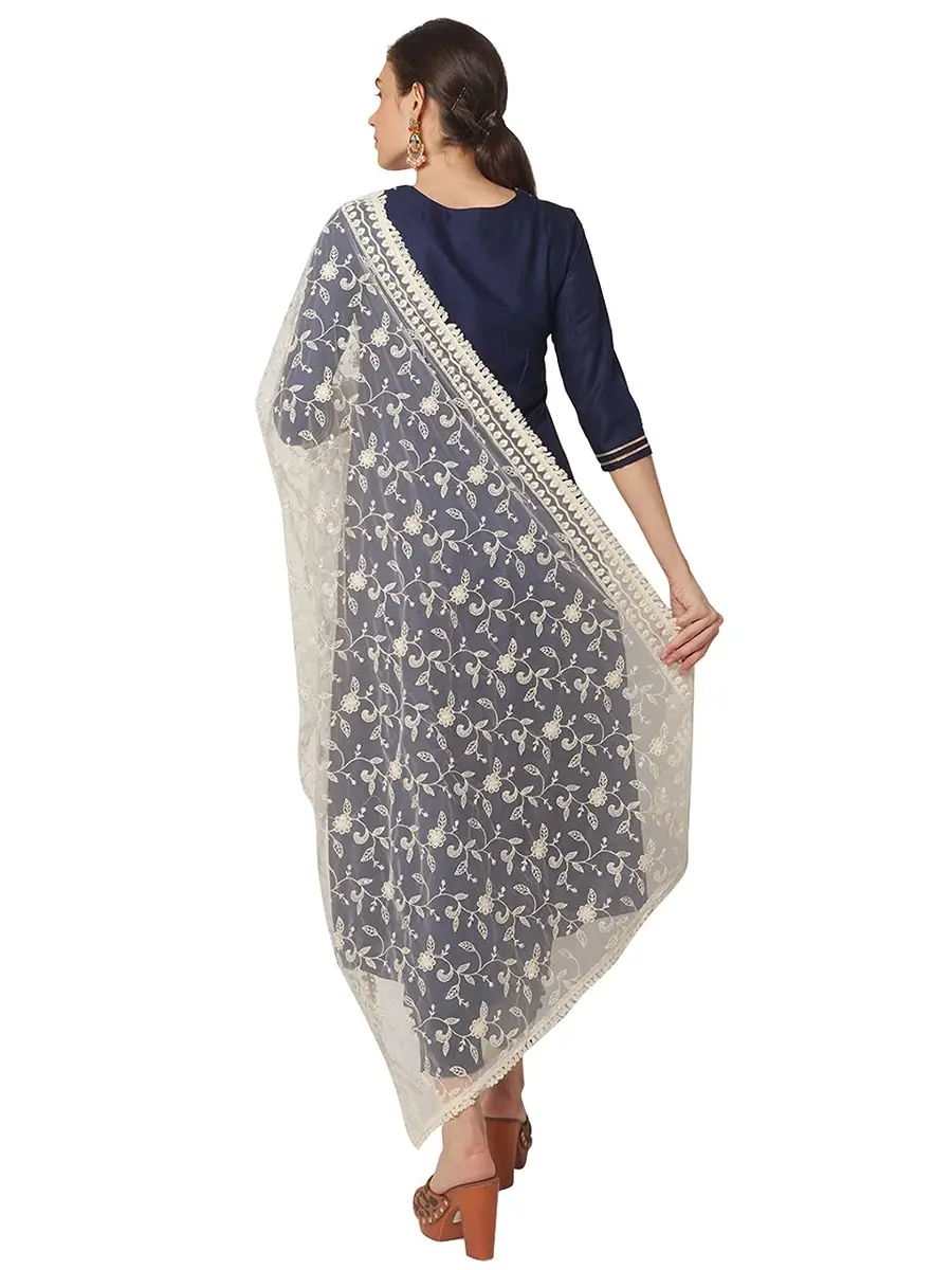 DUPATTA BAZAAR Women's Floral Embroidered Off White Net Dupatta 2.4 meters (8.2 ft) - view 5