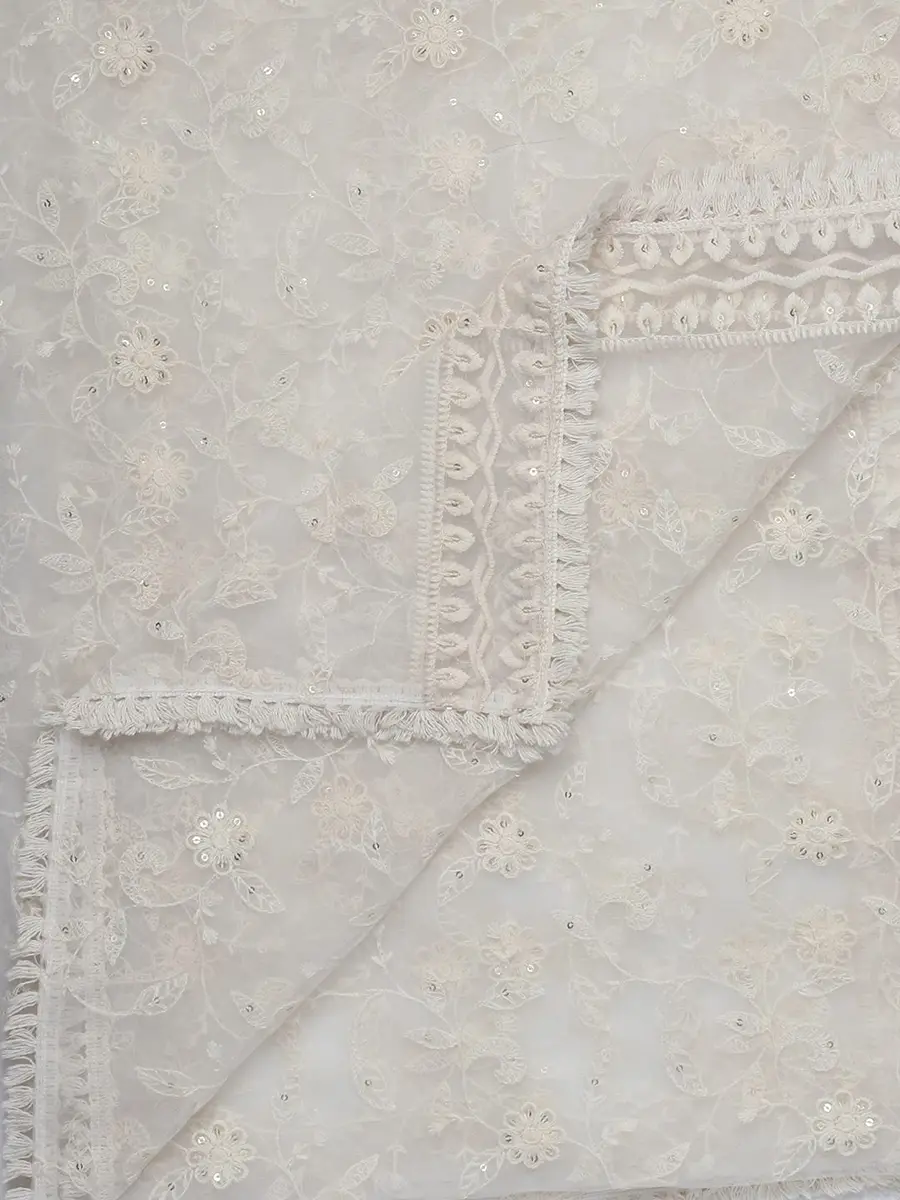 DUPATTA BAZAAR Women's Floral Embroidered Off White Net Dupatta 2.4 meters (8.2 ft) - view 6
