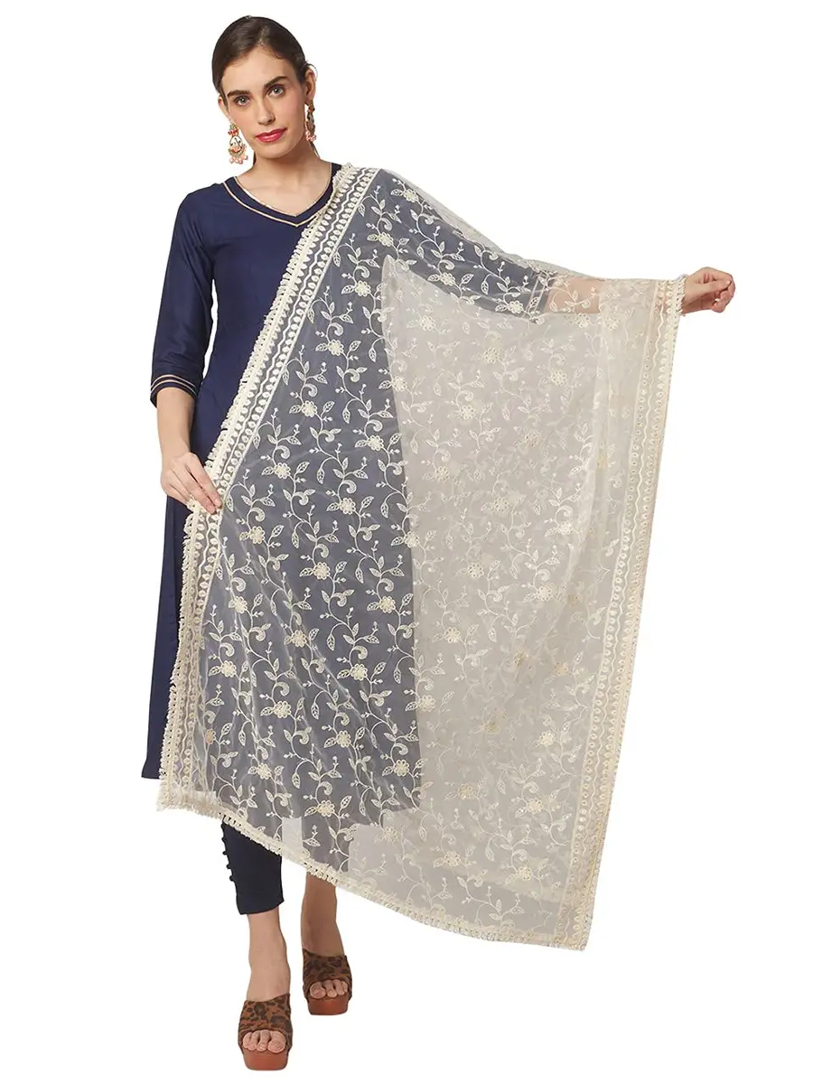 DUPATTA BAZAAR Women's Floral Embroidered Off White Net Dupatta 2.4 meters (8.2 ft) - view 3