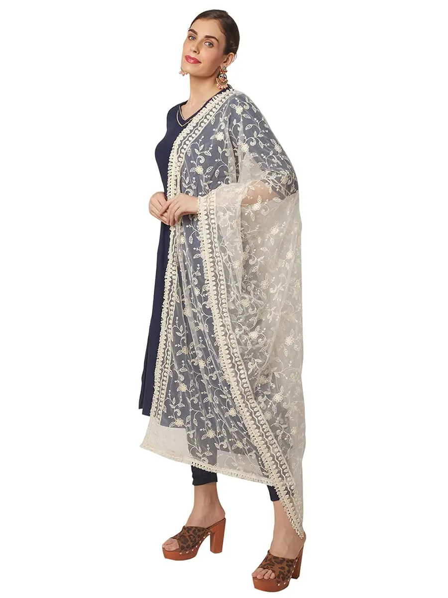 DUPATTA BAZAAR Women's Floral Embroidered Off White Net Dupatta 2.4 meters (8.2 ft) - view 4