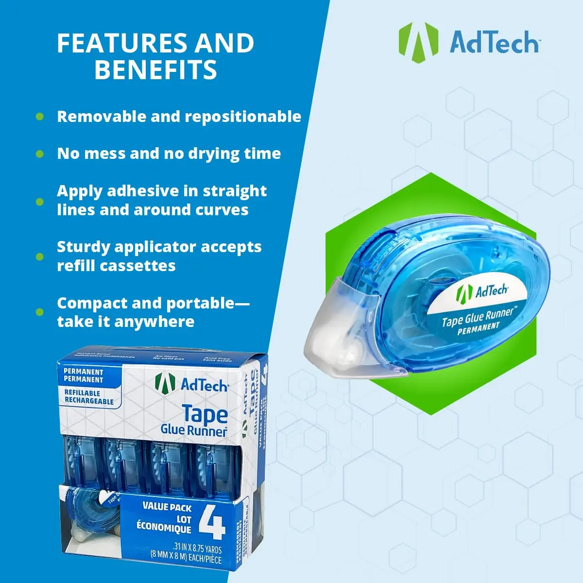 Adtech Permanent Glue Runner 3-Pack | Strong Double-Sided Adhesive for Crafts & Office, 8.75 Yards per Cartridge - view 8