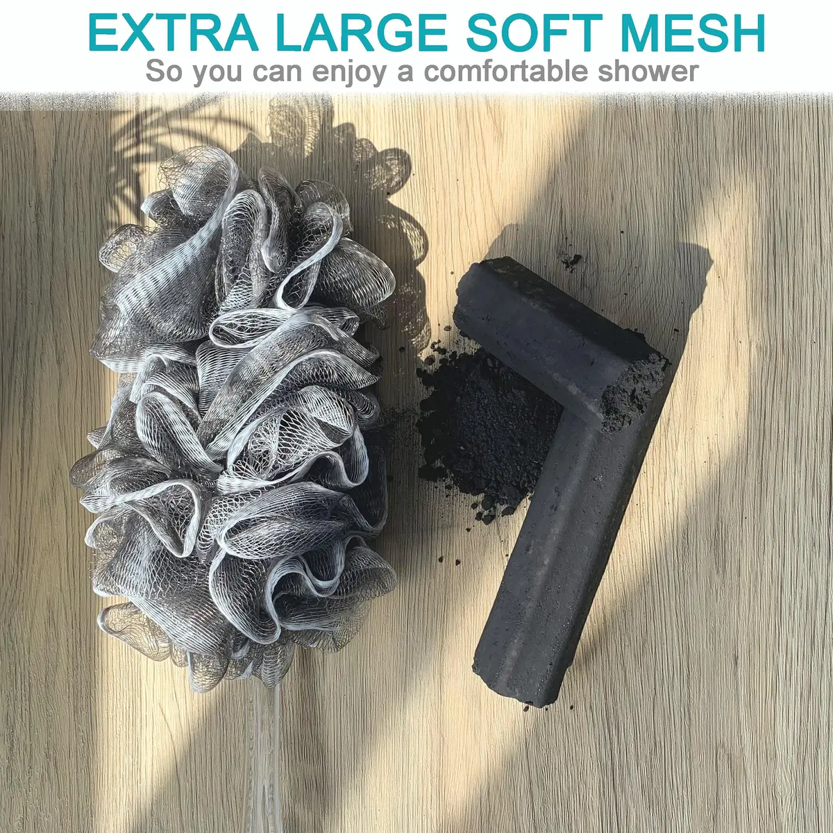 Mr.Cui'shop Charcoal Exfoliating Loofah Bath Back Brush Set with Long Handle & Mesh Pouf, 2 Count - view 2