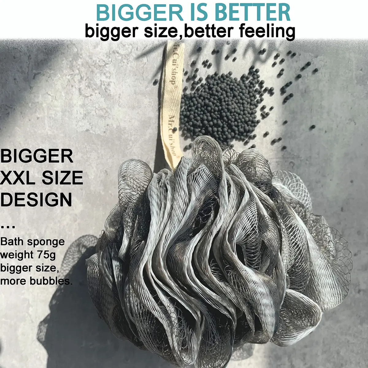 Mr.Cui'shop Charcoal Exfoliating Loofah Bath Back Brush Set with Long Handle & Mesh Pouf, 2 Count - view 3