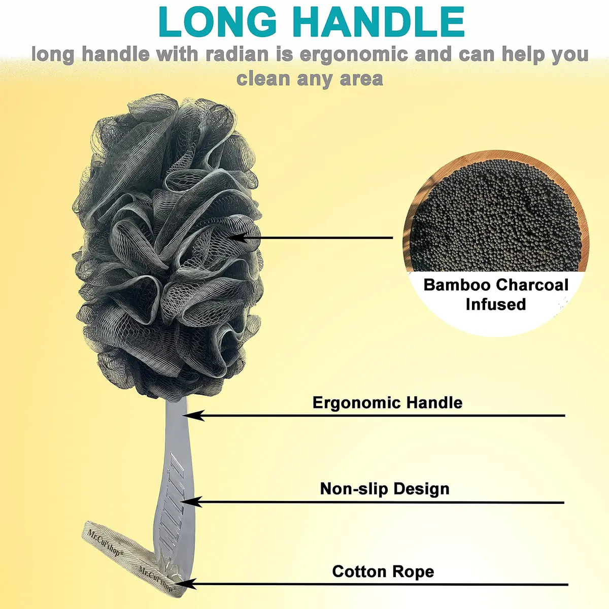Mr.Cui'shop Charcoal Exfoliating Loofah Bath Back Brush Set with Long Handle & Mesh Pouf, 2 Count - view 4