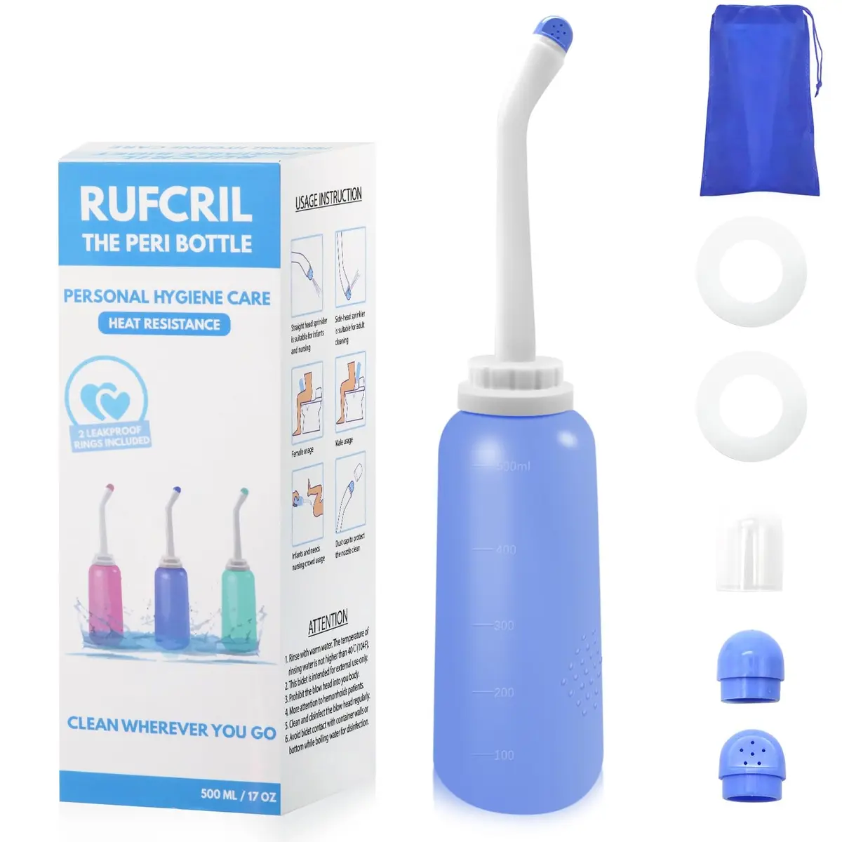 RUFCRIL 500ml (17.5 Fl Oz) Upside Down Peri Bottle | Boilable TPE for Postpartum & Hemorrhoid Care - main product image