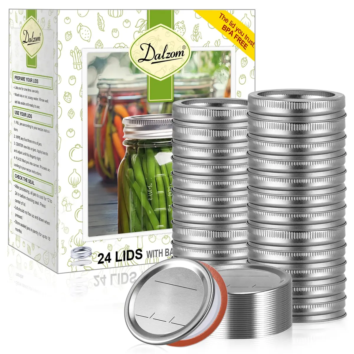 Dalzom Regular Mouth Mason Jar Canning Lids & Rings Set 24 pcs | Airtight Food Grade Seal - main product image