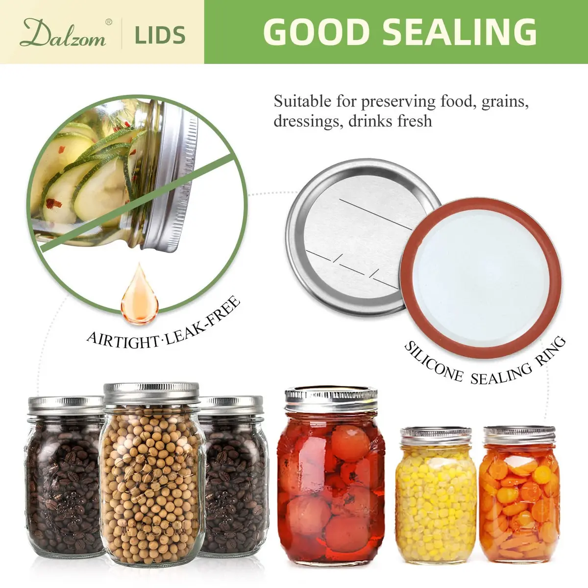 Dalzom Regular Mouth Mason Jar Canning Lids & Rings Set 24 pcs | Airtight Food Grade Seal - view 2