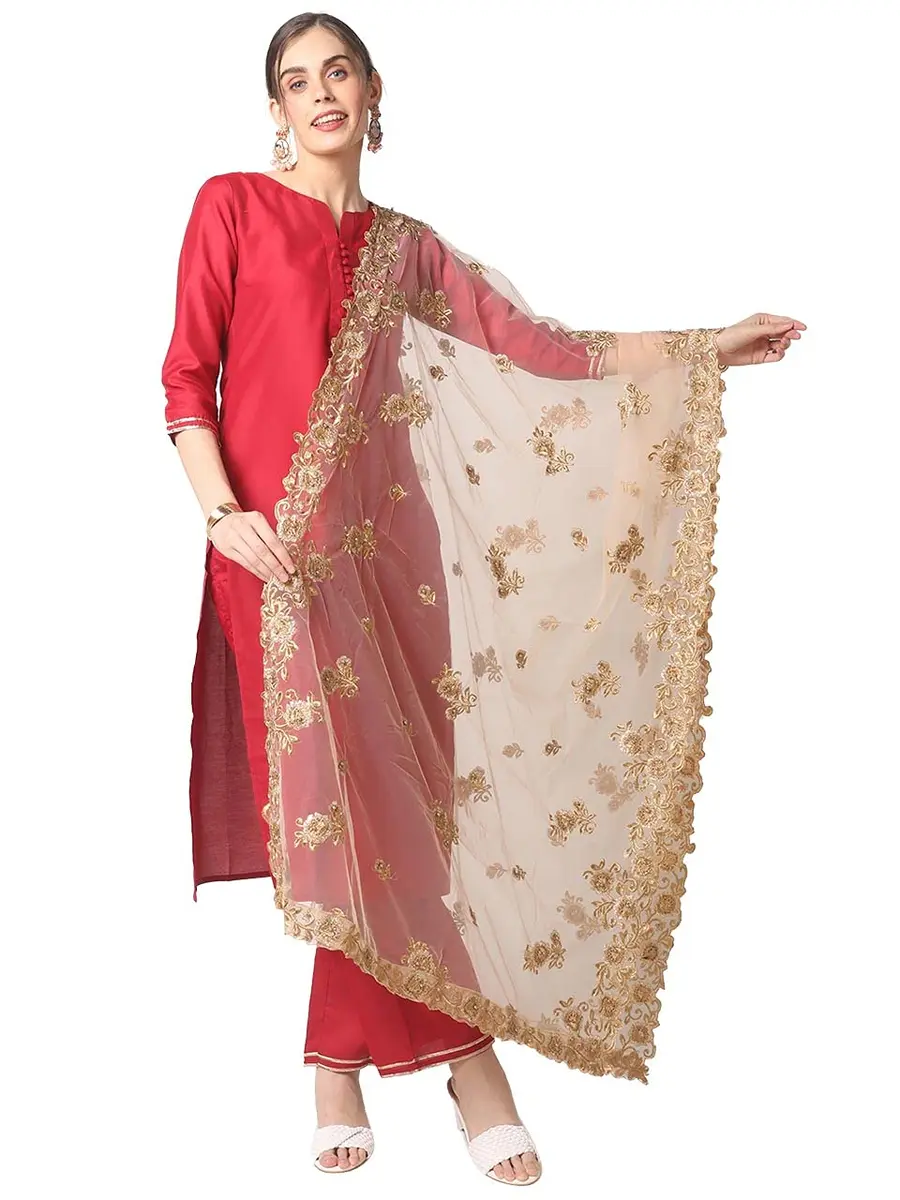 DUPATTA BAZAAR Women's Gold Embroidered Net Dupatta with Cutwork | 2.5m Free Size Ethnic Wear - main product image