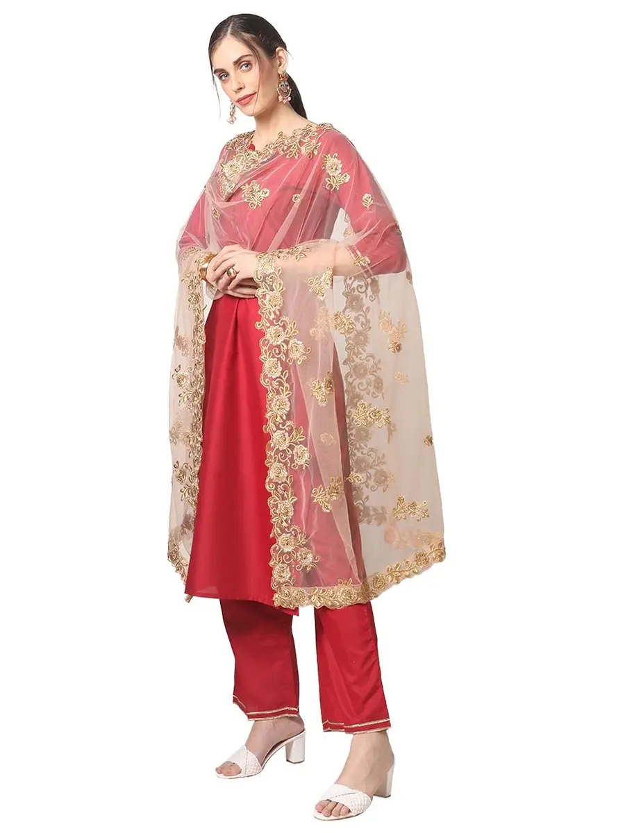 DUPATTA BAZAAR Women's Gold Embroidered Net Dupatta with Cutwork | 2.5m Free Size Ethnic Wear - view 5
