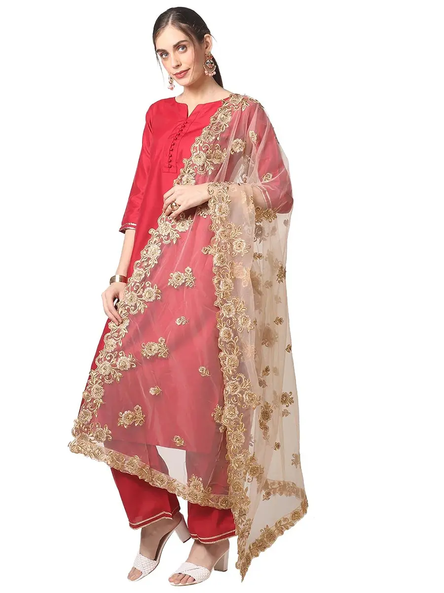 DUPATTA BAZAAR Women's Gold Embroidered Net Dupatta with Cutwork | 2.5m Free Size Ethnic Wear - view 3
