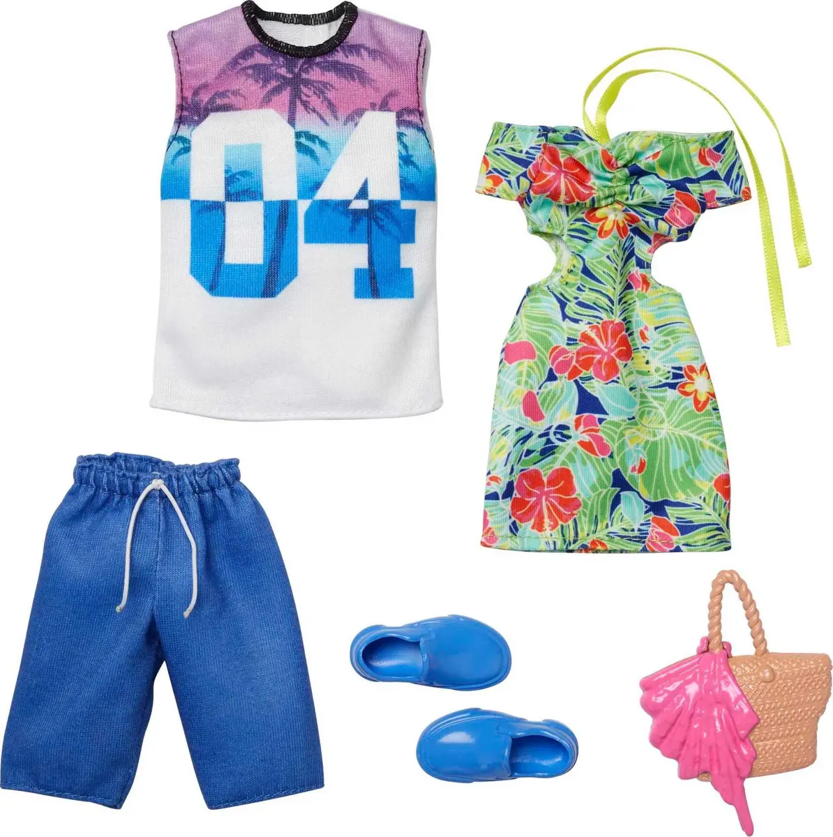 Barbie & Ken Fashions 2-Pack Clothing & Accessories Set, 1 Tropical Dress & Tote for Barbie Doll & 1 Tropical Shirt & Shorts Outfit with Shoes for Ken Doll | Double Styling Fun - main product image