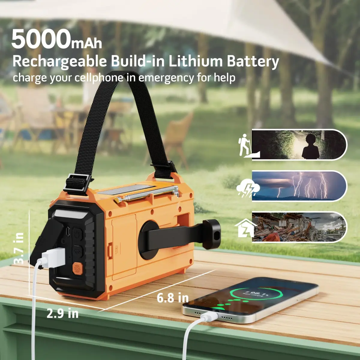 Mesqool NOAA Weather Alert Radio 5000mAh Solar Hand Crank Emergency Radio with AM/FM/SW, 172x94x63mm - view 3