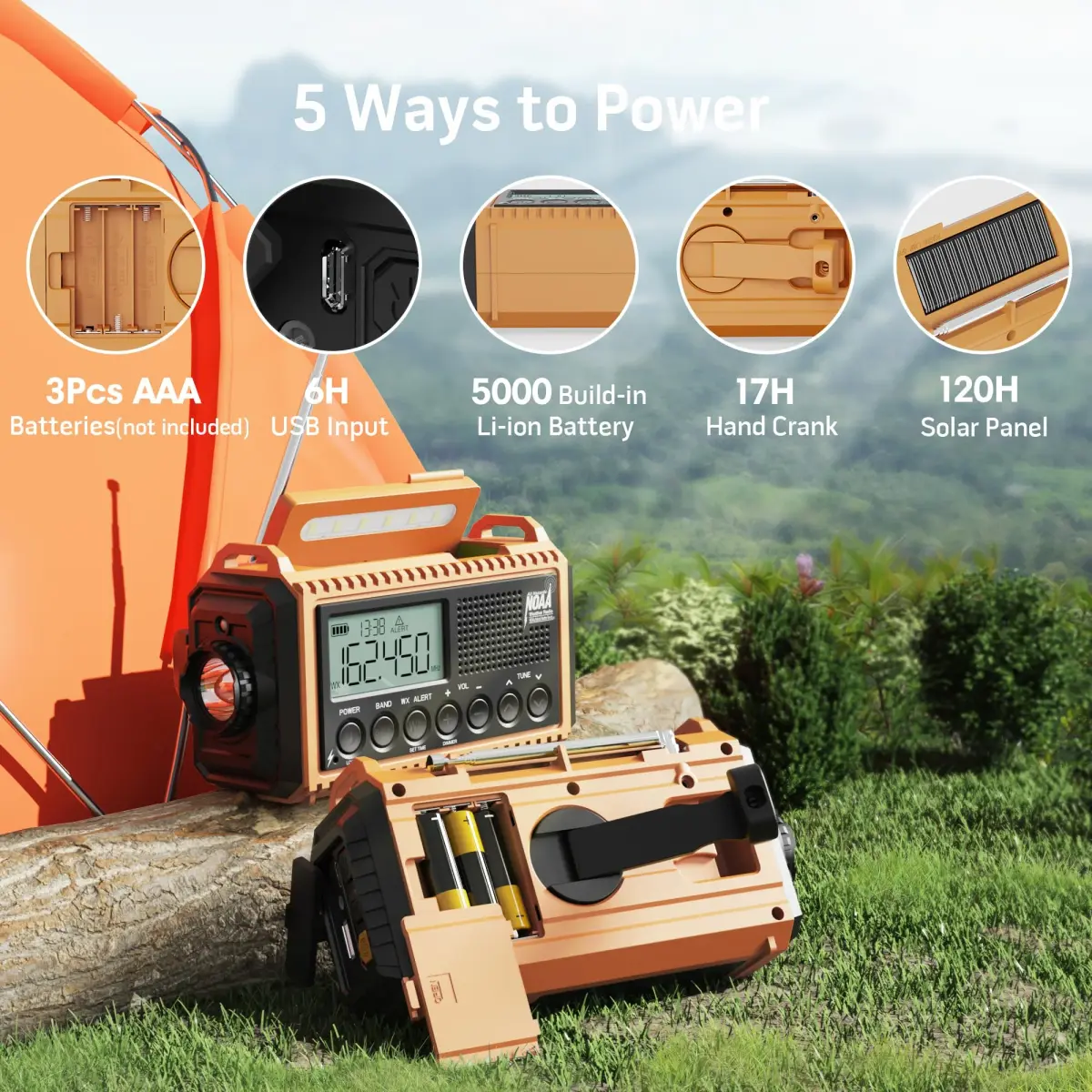 Mesqool NOAA Weather Alert Radio 5000mAh Solar Hand Crank Emergency Radio with AM/FM/SW, 172x94x63mm - view 4