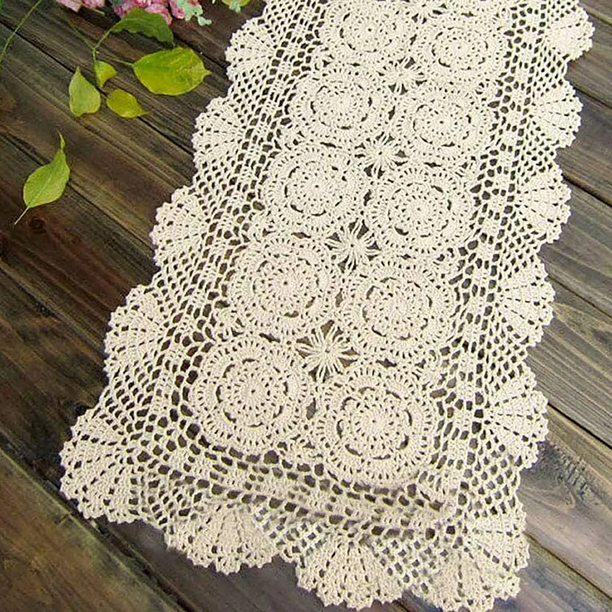 Phantomon Lace Table Runner Floral Beige 15x28 Inch | Handmade Cotton Decor - main product image