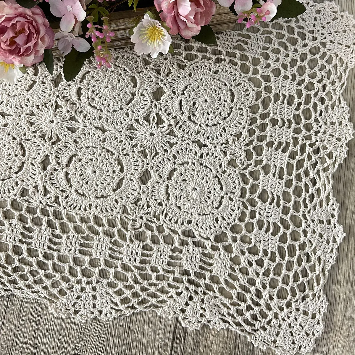 Phantomon Lace Table Runner Floral Beige 15x28 Inch | Handmade Cotton Decor - view 2