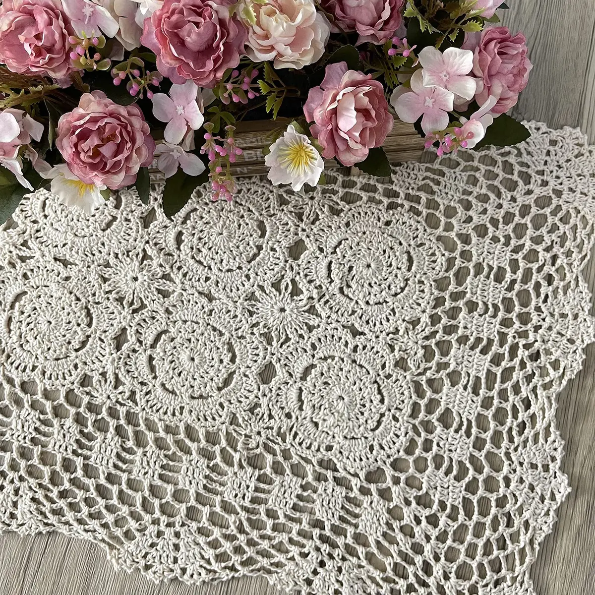 Phantomon Lace Table Runner Floral Beige 15x28 Inch | Handmade Cotton Decor - view 3
