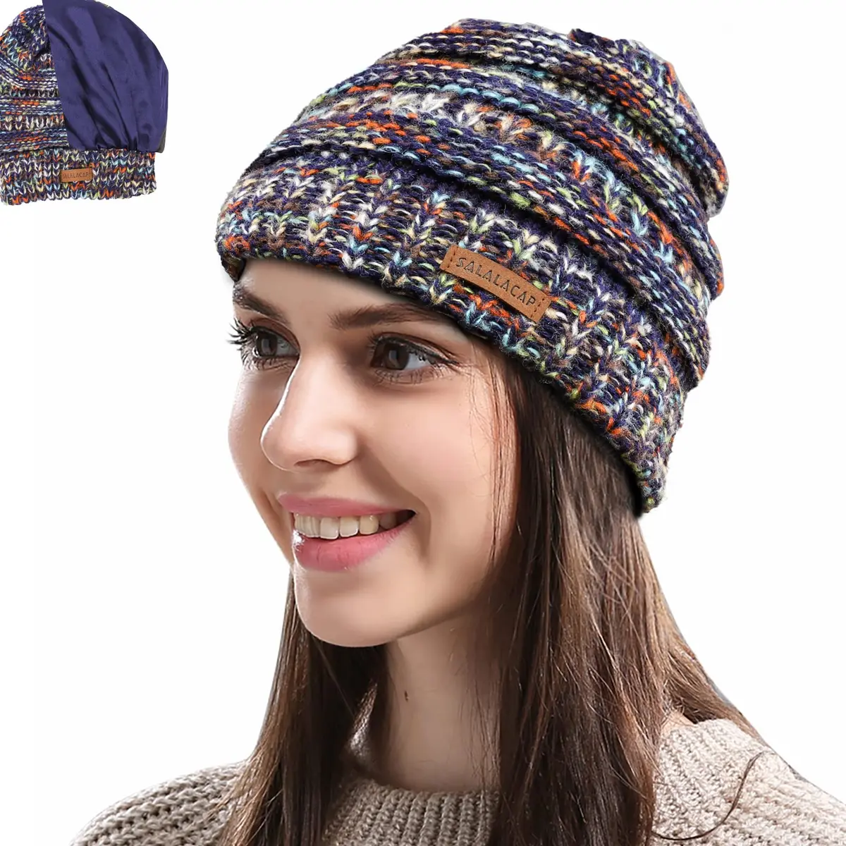 Salalacap Womens Satin Lined Winter Beanie Cable Knit for Women Thick Chunky Hat Skull Warm Cap - main product image
