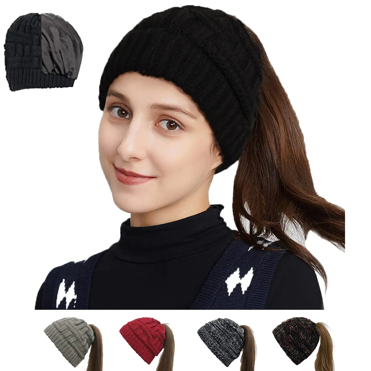 Salalacap Satin Lined Winter Beanie Cable Knit for Women | Thick Chunky Skull Cap with Elastic Fit (Black) - main product image