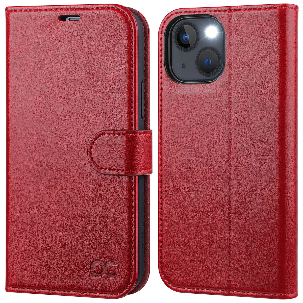 OCASE Wallet Case for iPhone 13, Card Holder, Red | Shockproof Leather Cover with RFID Shield - main product image