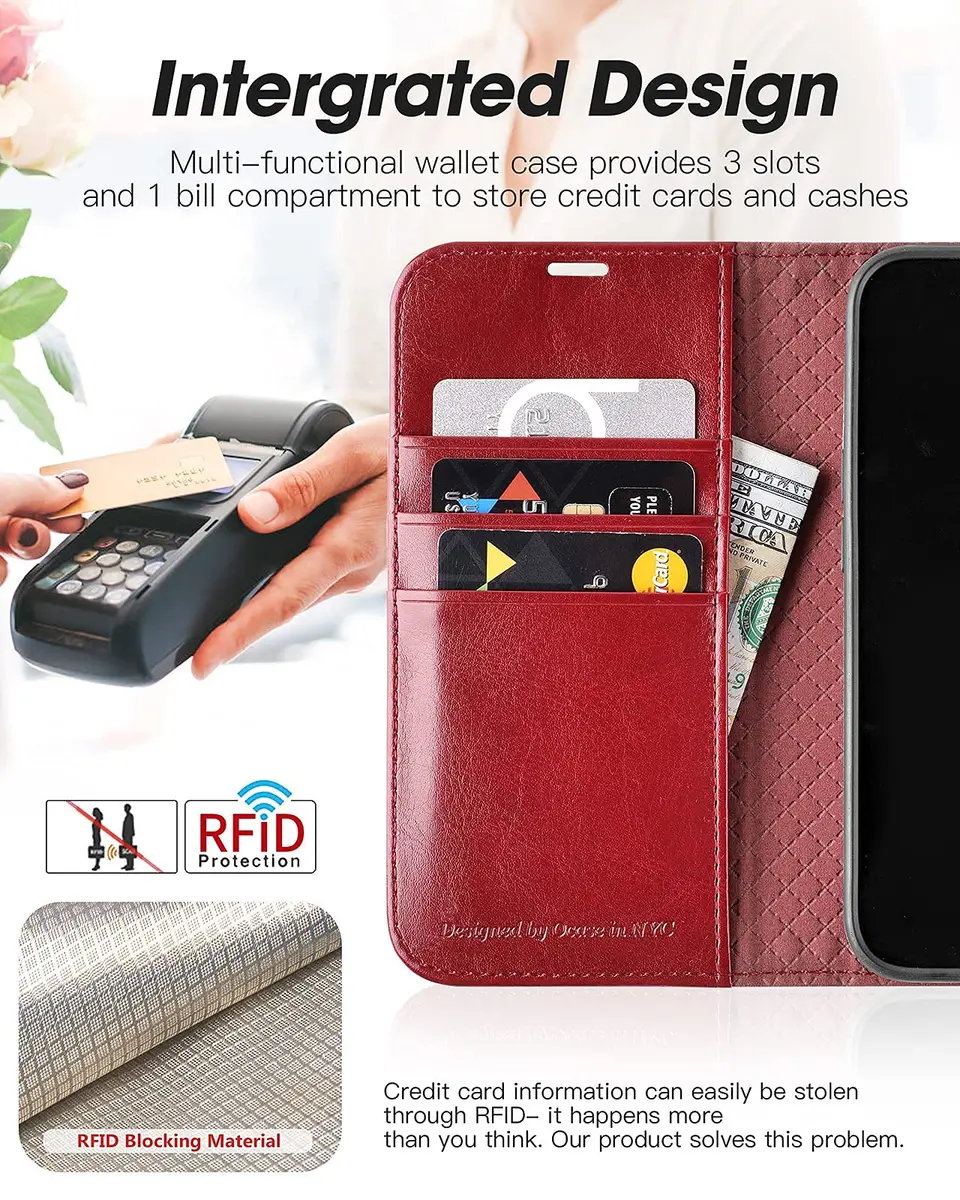 OCASE Wallet Case for iPhone 13, Card Holder, Red | Shockproof Leather Cover with RFID Shield - view 3