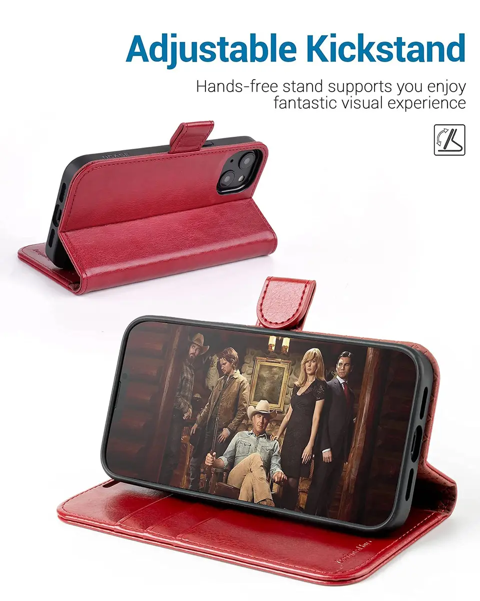 OCASE Wallet Case for iPhone 13, Card Holder, Red | Shockproof Leather Cover with RFID Shield - view 4