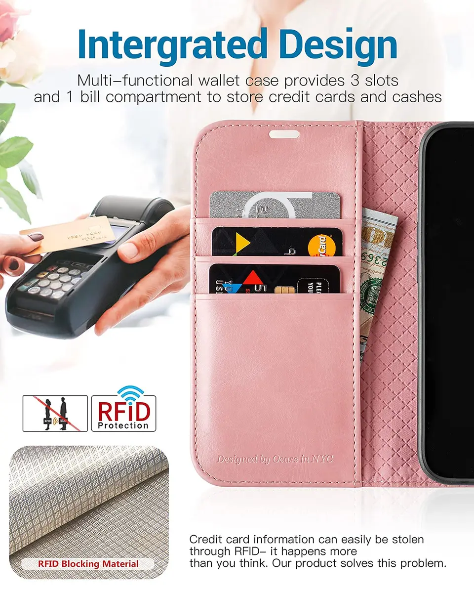 OCASE for iPhone 13 Wallet Case, Card Holder, Pink | RFID Shielding & Kickstand - view 3