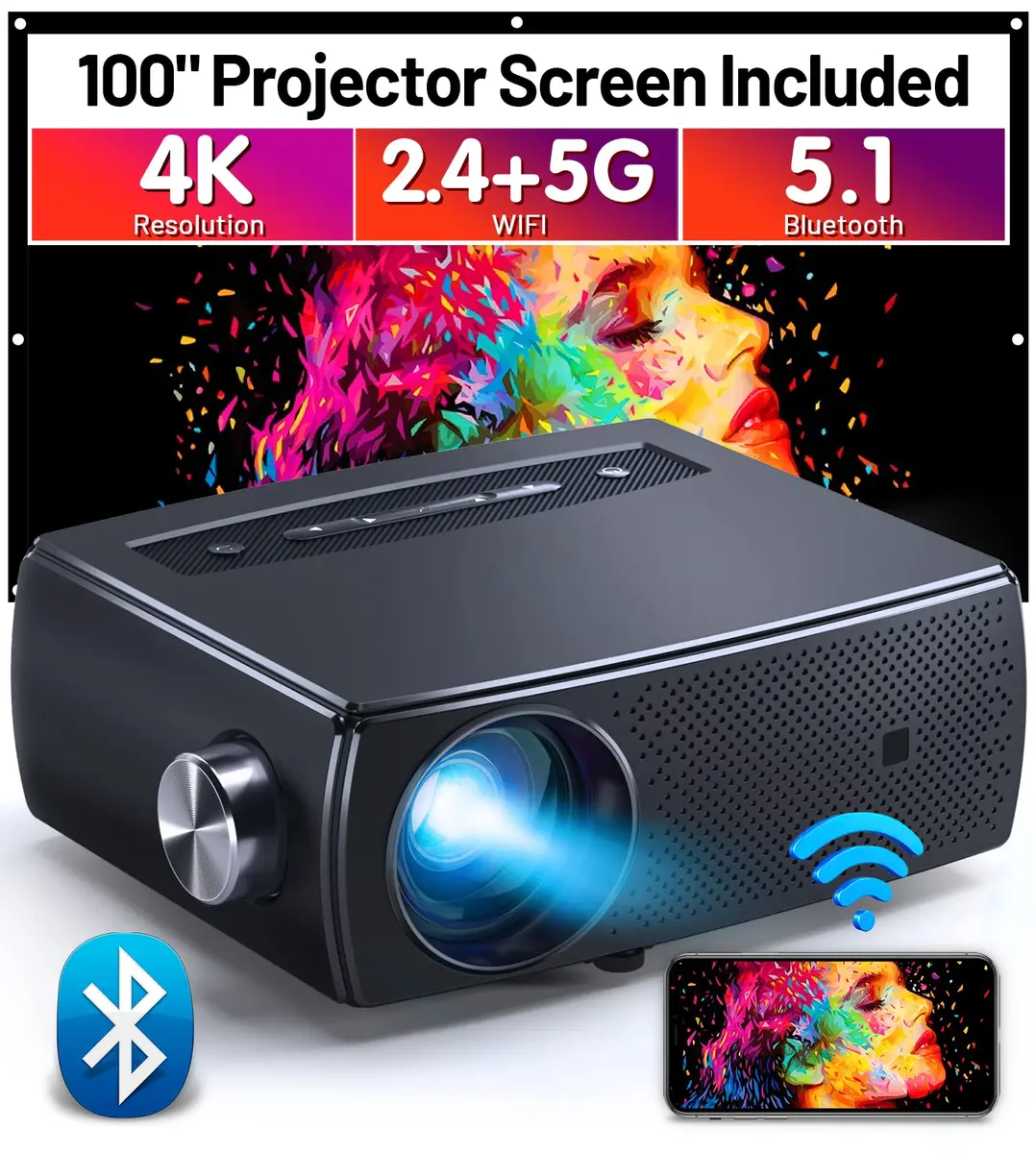 ClokoWe Video Projector 1080P HD 5G WiFi Bluetooth Portable | Home Theater with Screen - main product image