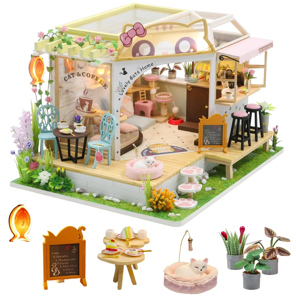 CUTEBEE Cat Coffee Garden DIY Dollhouse Miniature Kit with Furniture, 1.38 kg (3.06 lb) | Collectible Home Decor - main product image