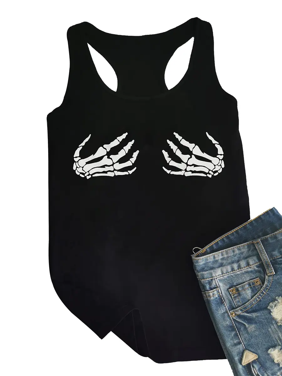 Fensajomon Skull Shirt for Women Sleeveless Printed Loose Workout Tank Top | Gothic Skull Design, Casual Fit, Summer Style - view 2
