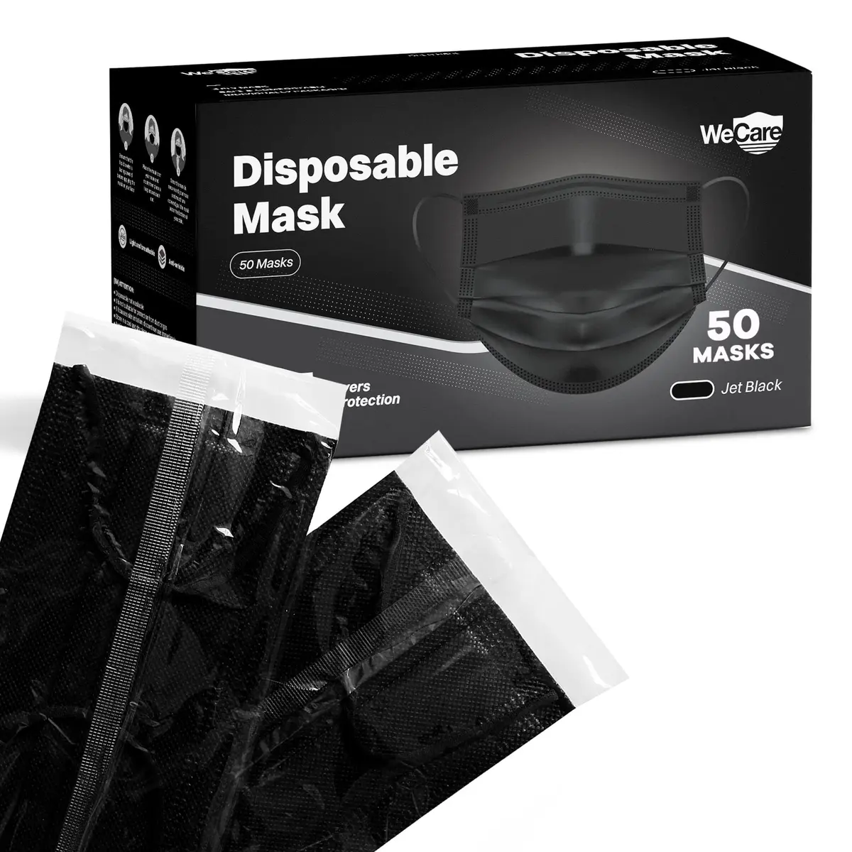 WECARE 50 Box, Individually-Wrapped Masks - Jet Black | 3 Ply Disposable Face Masks for Adults & Kids - main product image
